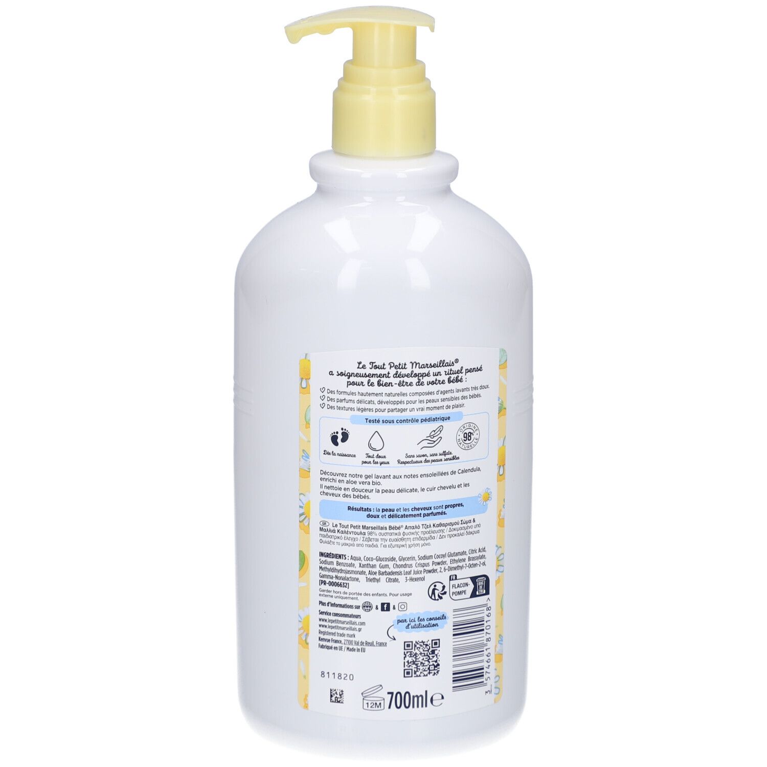 Rückseite des weißen Spenders mit gelbem Pumpkopf. Etikett mit Produktinformationen und Logo. Text: Calendula, 700ml.