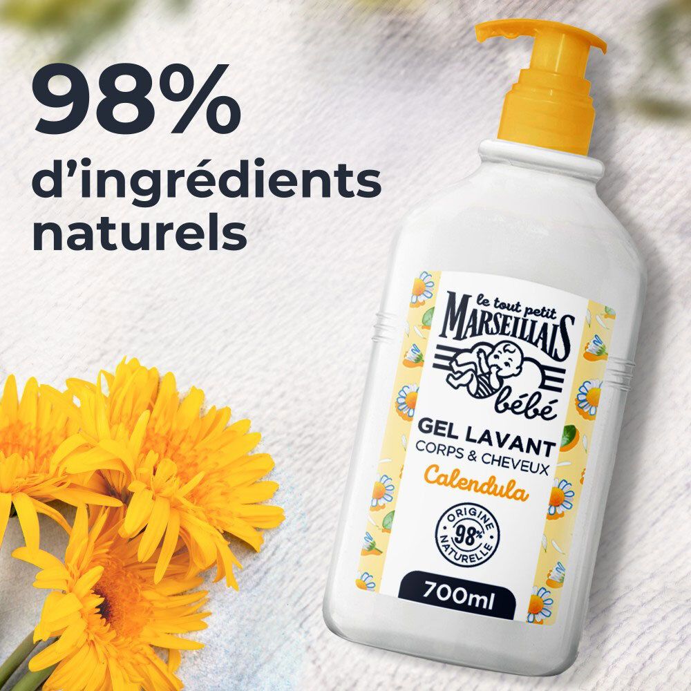 Weißer Spender mit gelbem Pumpkopf. Text: 98% natürliche Inhaltsstoffe. Gelbe Blumen.