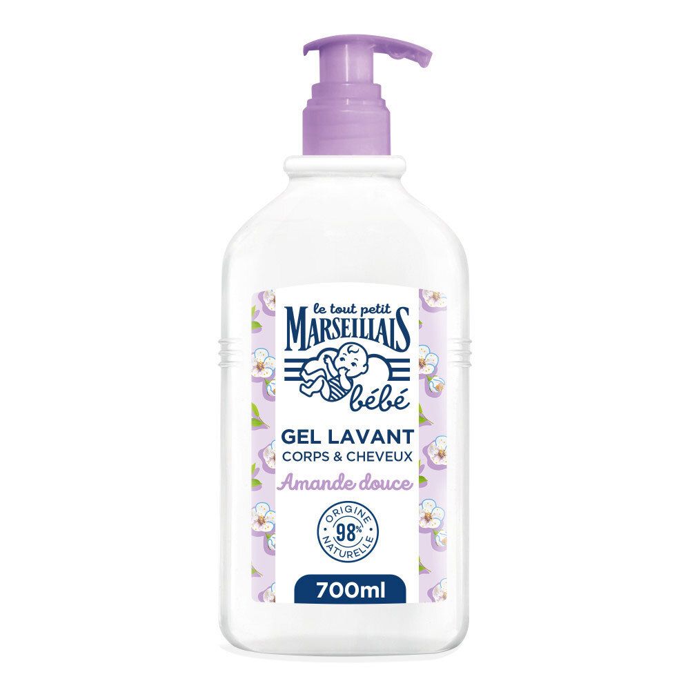 Weißes Waschgel mit lila Pumpe. Aufschrift: LE TOUT PETIT MARSEILLAIS bébé, Gel Lavant Corps & Cheveux, Amande douce, 98% naturelle, 700ml.