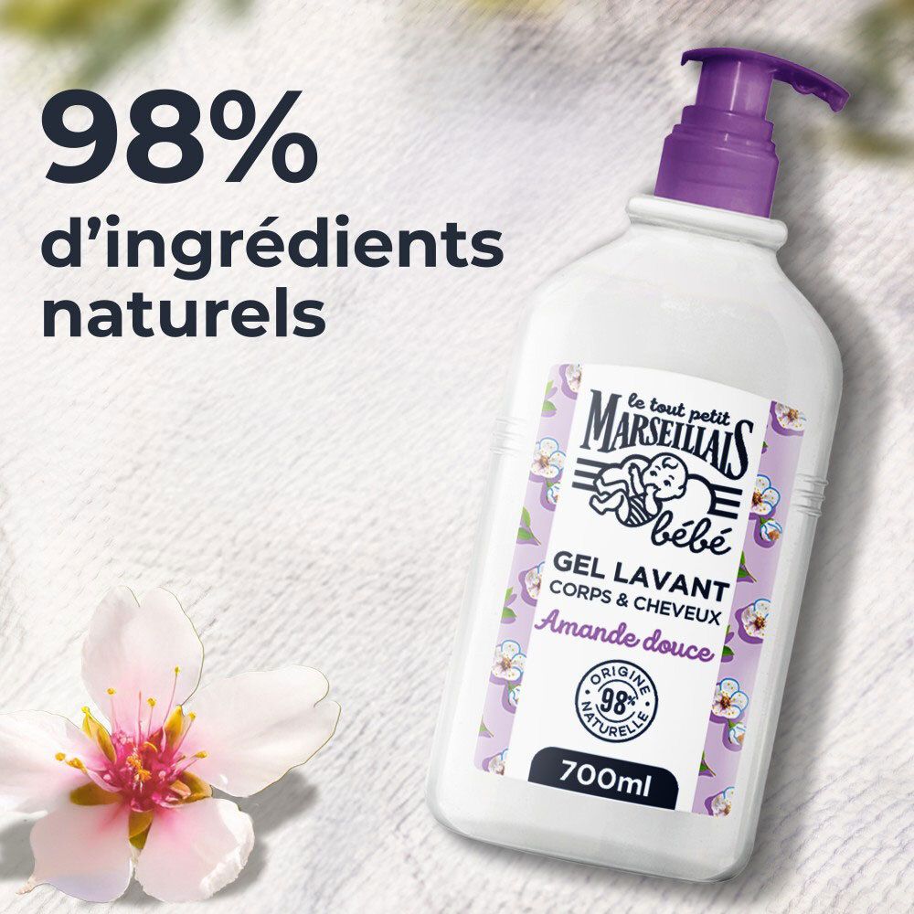 Waschgel-Flasche mit lila Pumpe. Text: 98% d'ingrédients naturels.