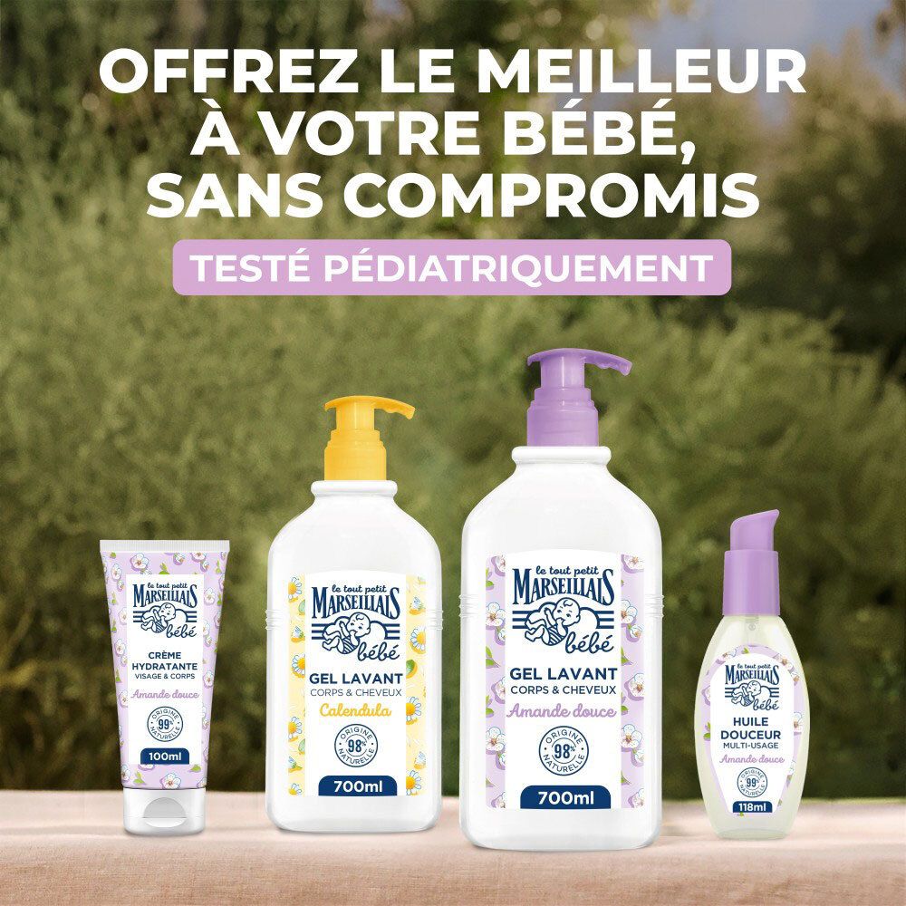 Produktreihe: Waschgel, Creme, Öl. Text: Testé pédiatriquement.