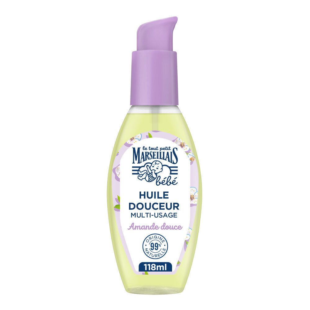 Flasche mit Pumpspender, süße Mandelöl für Babys, 99% natürliche Inhaltsstoffe.
