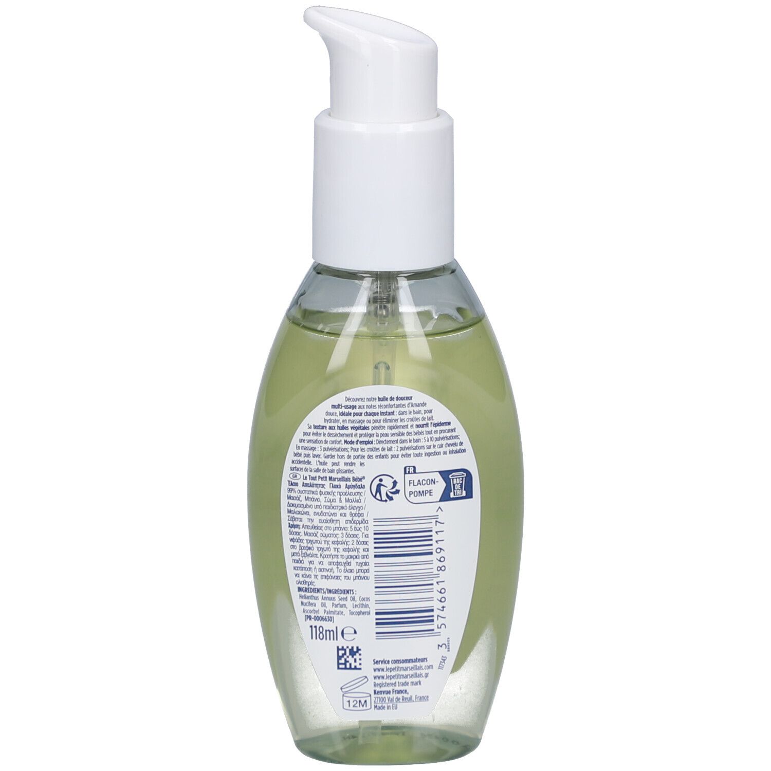 Dos du flacon pompe. Texte: ingrédients, informations fabricant, symbole de recyclage et indication de volume.