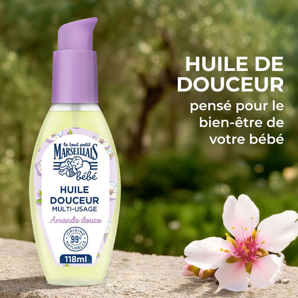 Flasche LE TOUT PETIT MARSEILLAIS Hiule de Douceur Süße Mandel. Lila Pumpkopf. Text: Huile de Douceur.