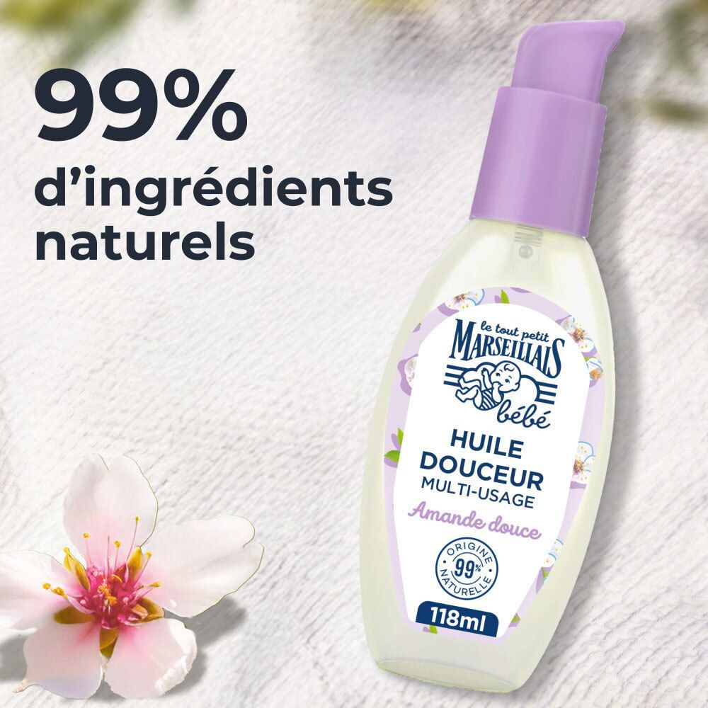 Flasche LE TOUT PETIT MARSEILLAIS Hiule de Douceur Süße Mandel. 99% natürliche Inhaltsstoffe. Lila Pumpkopf.