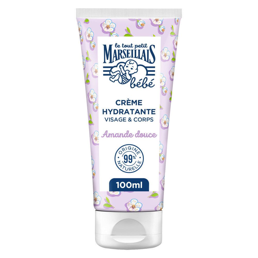 Tube de crème floral. Inscription : Crème Hydratante Visage & Corps, Amande Douce. 99% naturelle. 100ml.