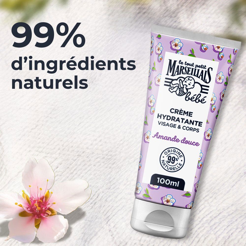 Tube de crème floral. Texte : 99% d'ingrédients naturels, Crème Hydratante, Amande Douce, 100ml.