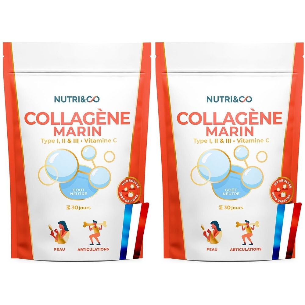 Deux sachets de « NUTRI&CO Collagène Marin ». Contient de la vitamine C. Inscription « Goût Neutre ». Illustrations de peau et articulations.