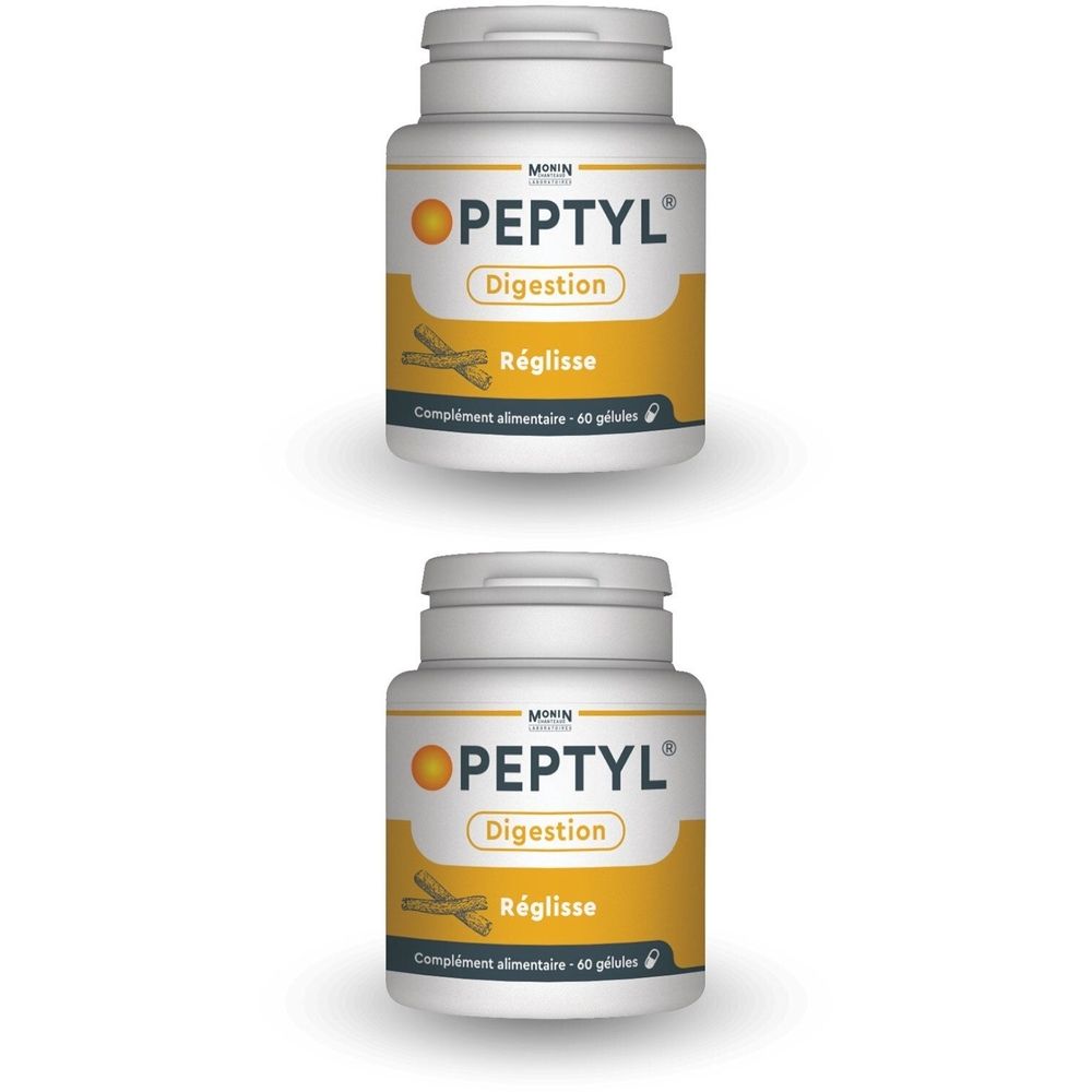 Deux flacons blancs avec le nom PEPTYL. Inscription : Digestion, Réglisse. Complément alimentaire.