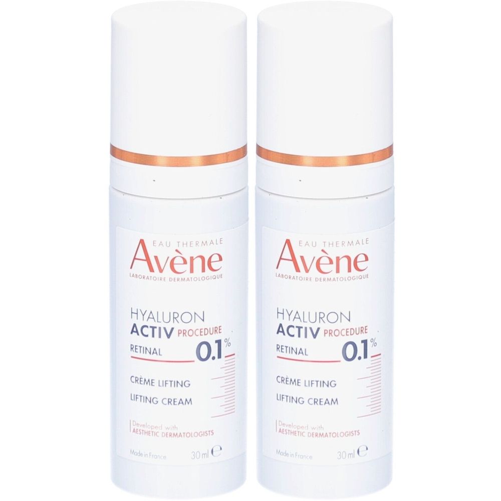 Deux flacons blancs Avène. Inscription: Hyaluron Activ Procedure, Rétinal 0.1%, Crème Lifting. 30ml. Bouchon et anneau dorés.