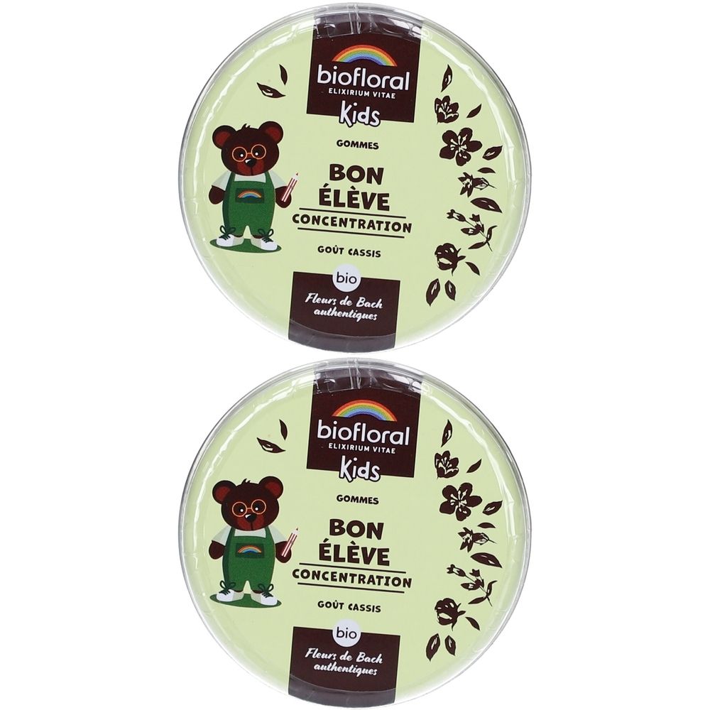 Deux boîtes rondes BIOFLORAL Kids. Inscription : BON ÉLÈVE, Concentration, Gout Cassis. Certification bio.