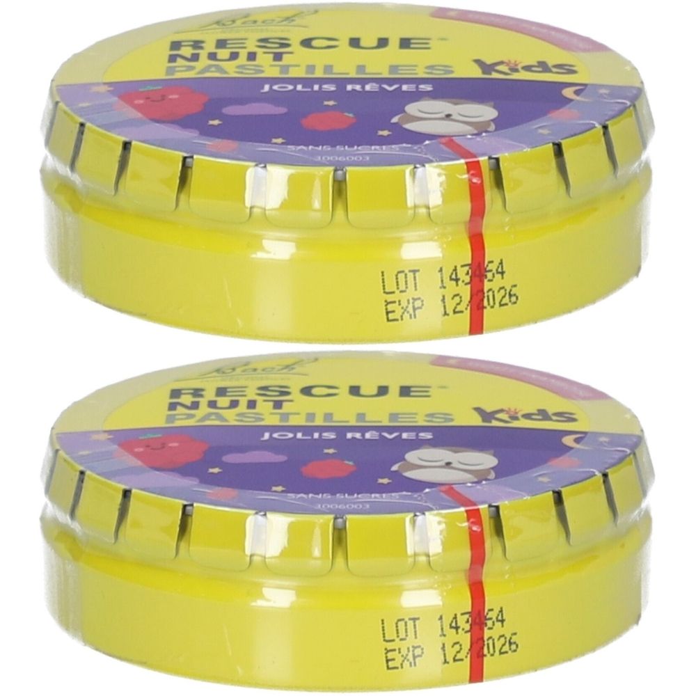 Deux boîtes rondes jaunes. Sur le couvercle, inscription "RESCUE NUIT PASTILLES Kids JOLIS REVES". Inscriptions LOT et date d'expiration.