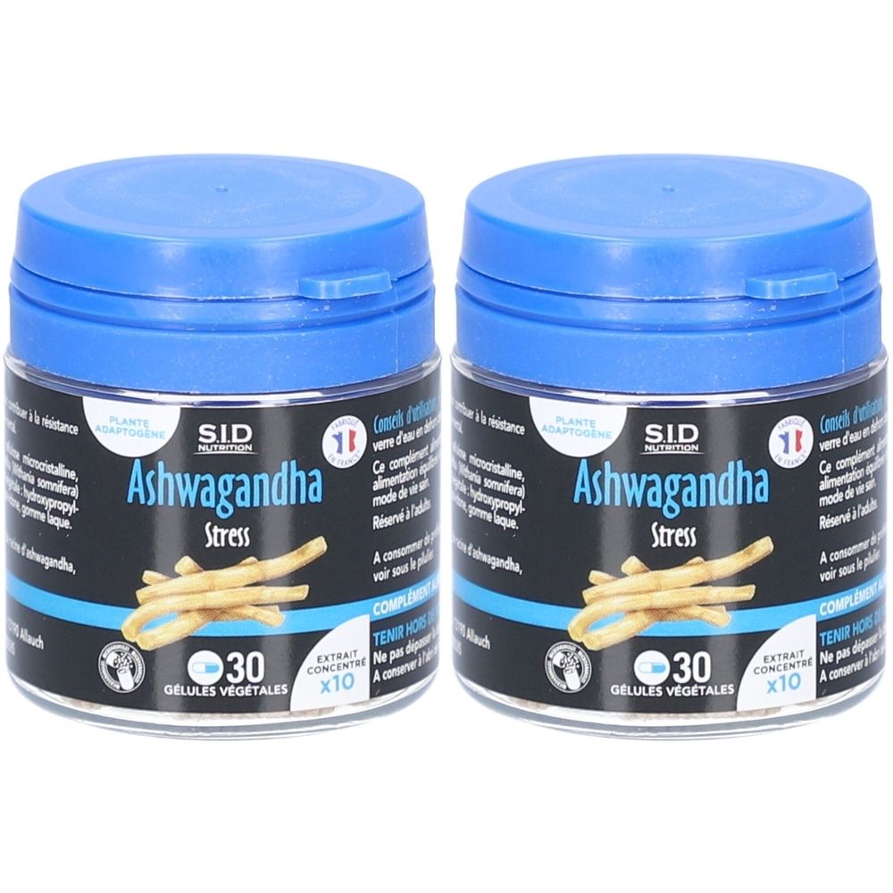 Deux pots bleus de gélules d'Ashwagandha. Inscription : SID Nutrition, Ashwagandha Stress, 30 gélules. Impression : X10.