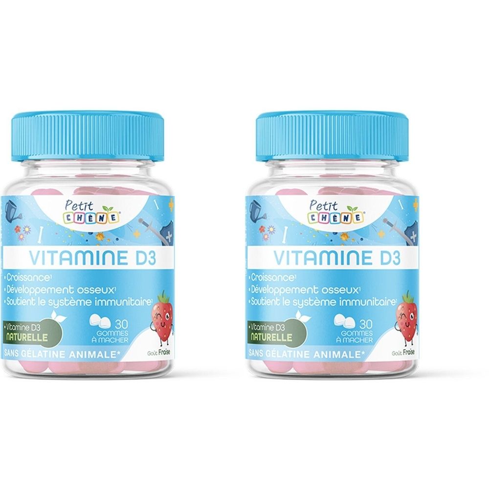 Deux flacons bleus. Inscription: VITAMINE D3, 30 gommes. Marque: Petit Chêne. Gommes naturelles à mâcher à la vitamine D3.