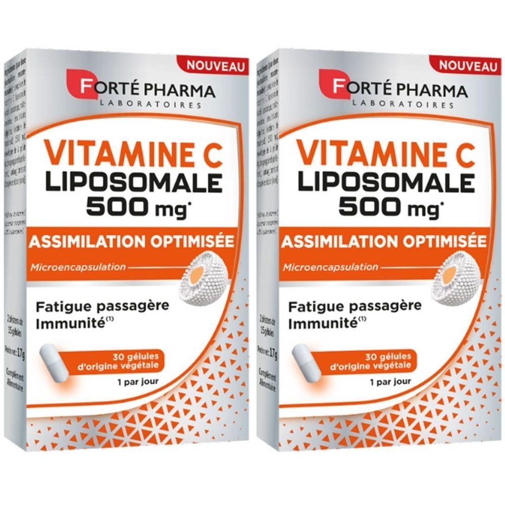 Zwei Schachteln mit Vitamin C Liposomale 500 mg. Aufschrift: FORTÉ PHARMA, Assimilation optimisée, 30 Kapseln.
