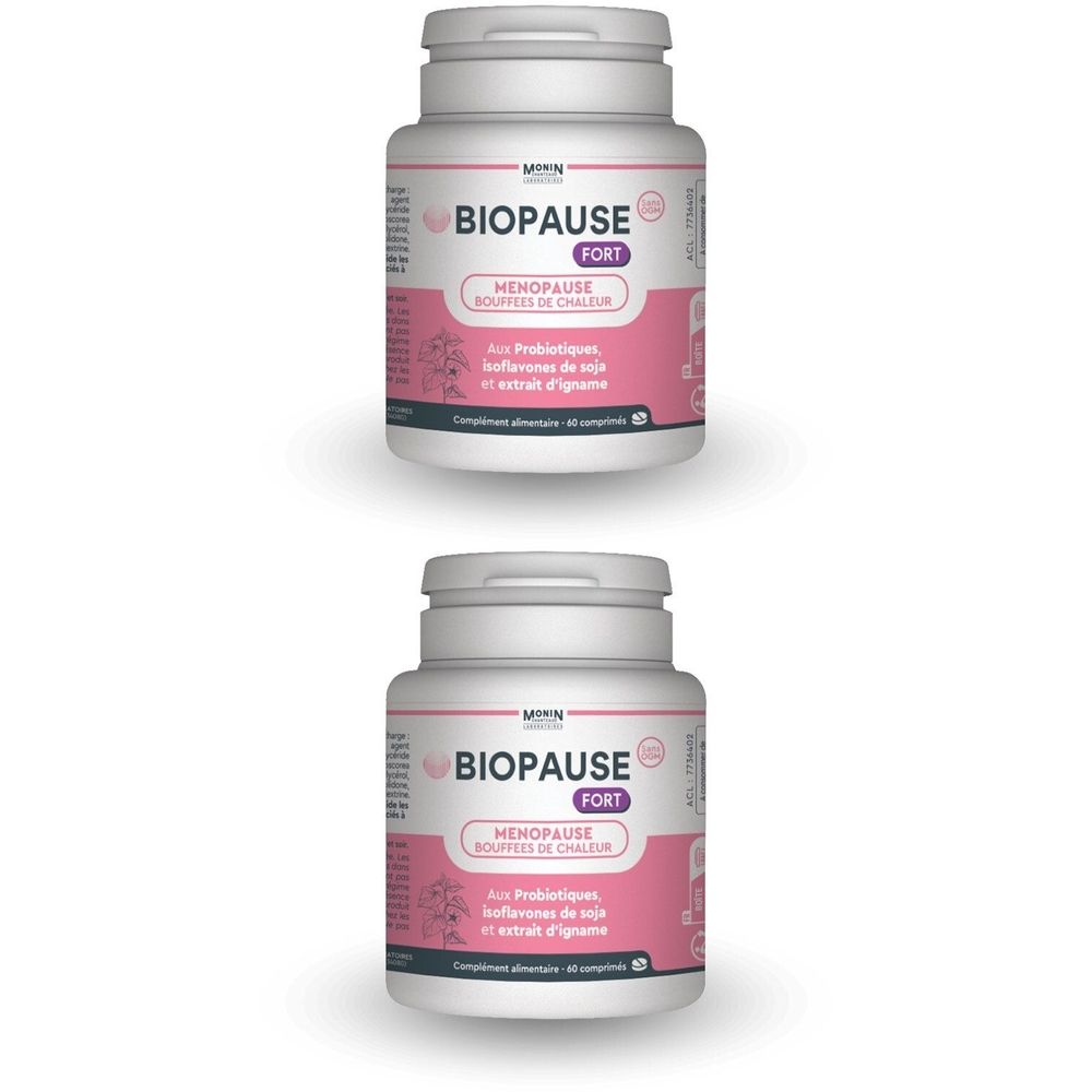 Deux flacons blancs avec étiquettes roses. Inscription: BIOPAUSE FORT, Ménopause, bouffées de chaleur. Complément alimentaire.