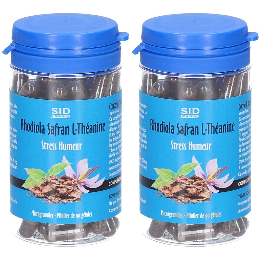 Deux flacons avec bouchons bleus. Inscription: Rhodiola Safran L-Théanine, Stress Humeur. Contient des gélules.