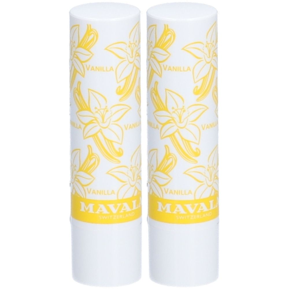 Zwei Mavala Lippenbalsam-Stifte mit Vanille-Blüten-Muster.