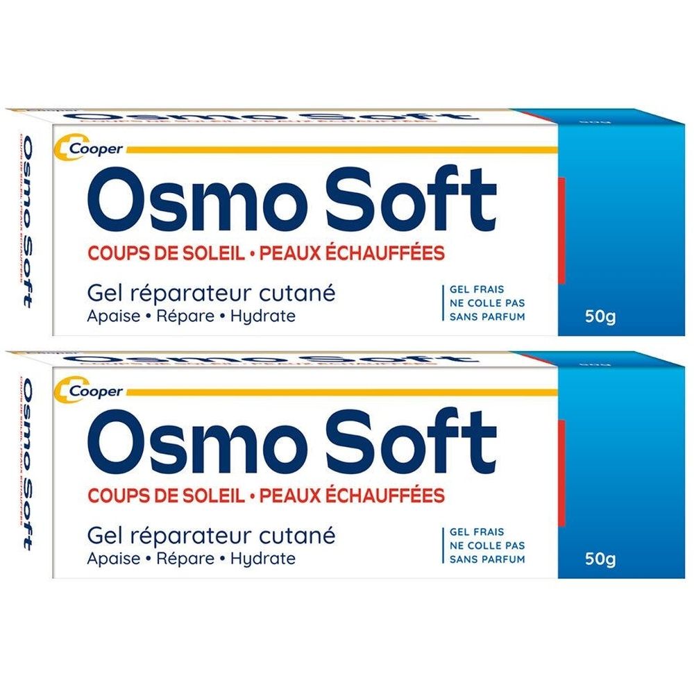 Zwei Tuben Osmo Soft. Aufschrift: COUPS DE SOLEIL - PEAUX ÉCHAUFFÉES. Gel réparateur cutané. 50g.