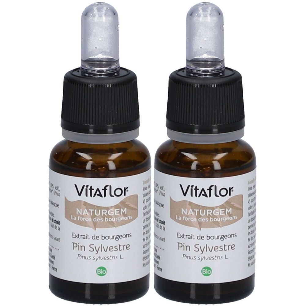 Zwei braune Glasflaschen mit schwarzen Deckeln und Pipetten. Auf den Etiketten steht Vitaflor, NATURGEM, Pin Sylvestre und Bio.