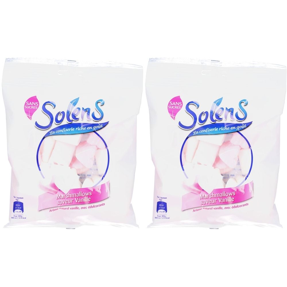 Deux paquets de Marshmallows SOLENS Sans Sucres. Emballage blanc avec logo et nom du produit. Des guimauves roses sont visibles.
