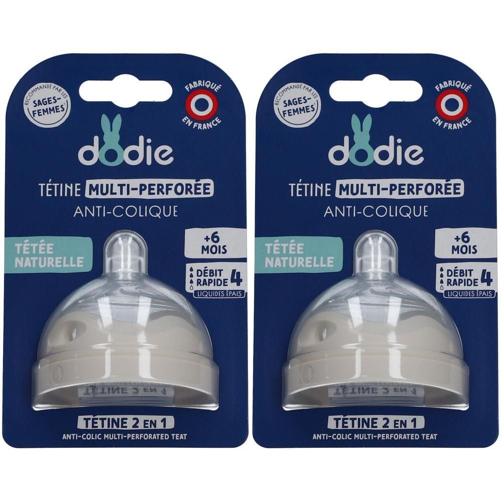Zwei Baby-Sauger auf Verpackung. Aufschrift: Dodie, Tétine Multi-Perforée, Anti-Colique. Mit +6 Mois und Débit Rapide 4.