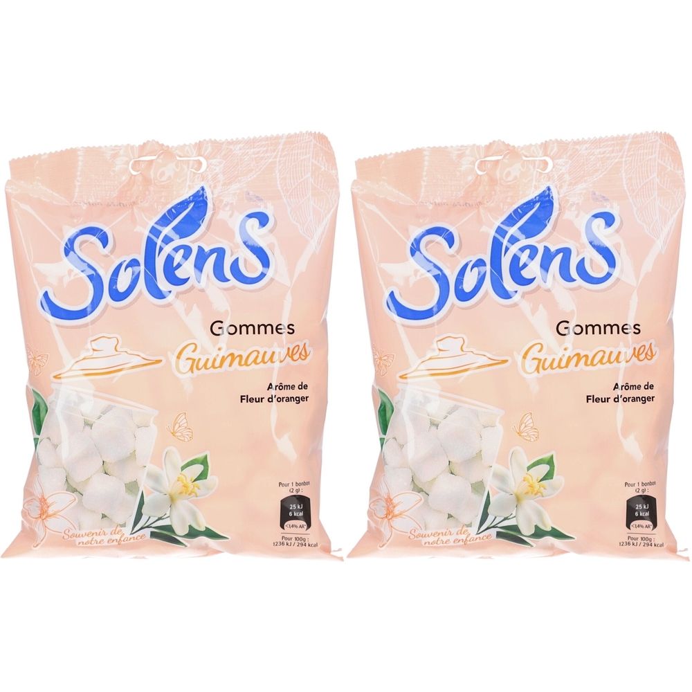 Deux sachets de SOLENS Gommes Guimauves, arôme fleur d'oranger. Emballage rose, produit visible. Texte: SOLENS, Gommes, Guimauves.