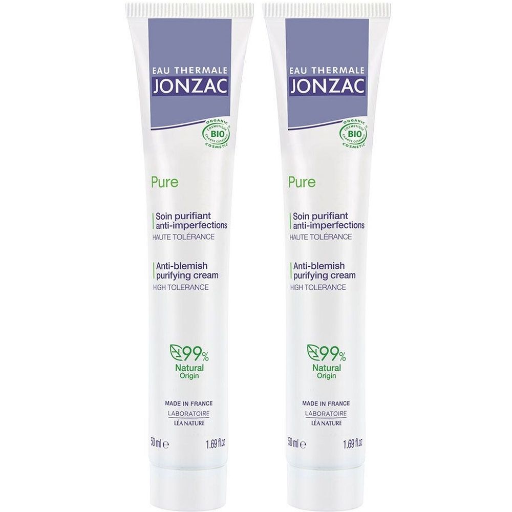 Zwei Tuben Jonzac Pure Creme. Weiße Tuben mit blauer Schrift. Text: Eau Thermale Jonzac, Pure, Anti-Unreinheiten, 99% natürlichen Ursprungs.