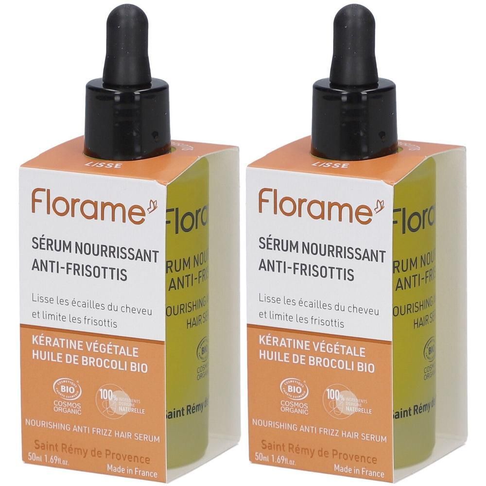 Deux flacons de sérum anti-frisottis FLORAME avec compte-gouttes noir. Inscription : Sérum Nourrissant Anti-Frisottis. Certification bio.