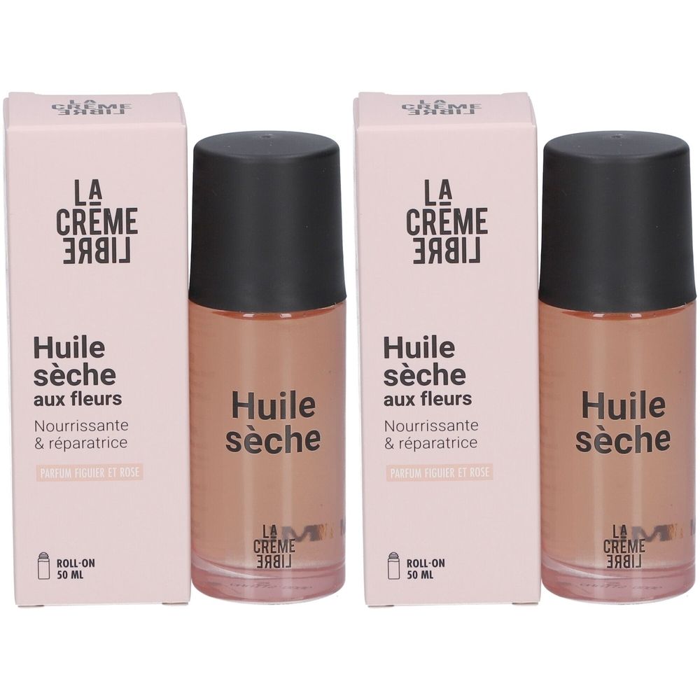 Zwei Flaschen und Verpackungen. Rosa Verpackung mit schwarzem Deckel. Aufschrift: La Crème Libre, Huile sèche aux fleurs.