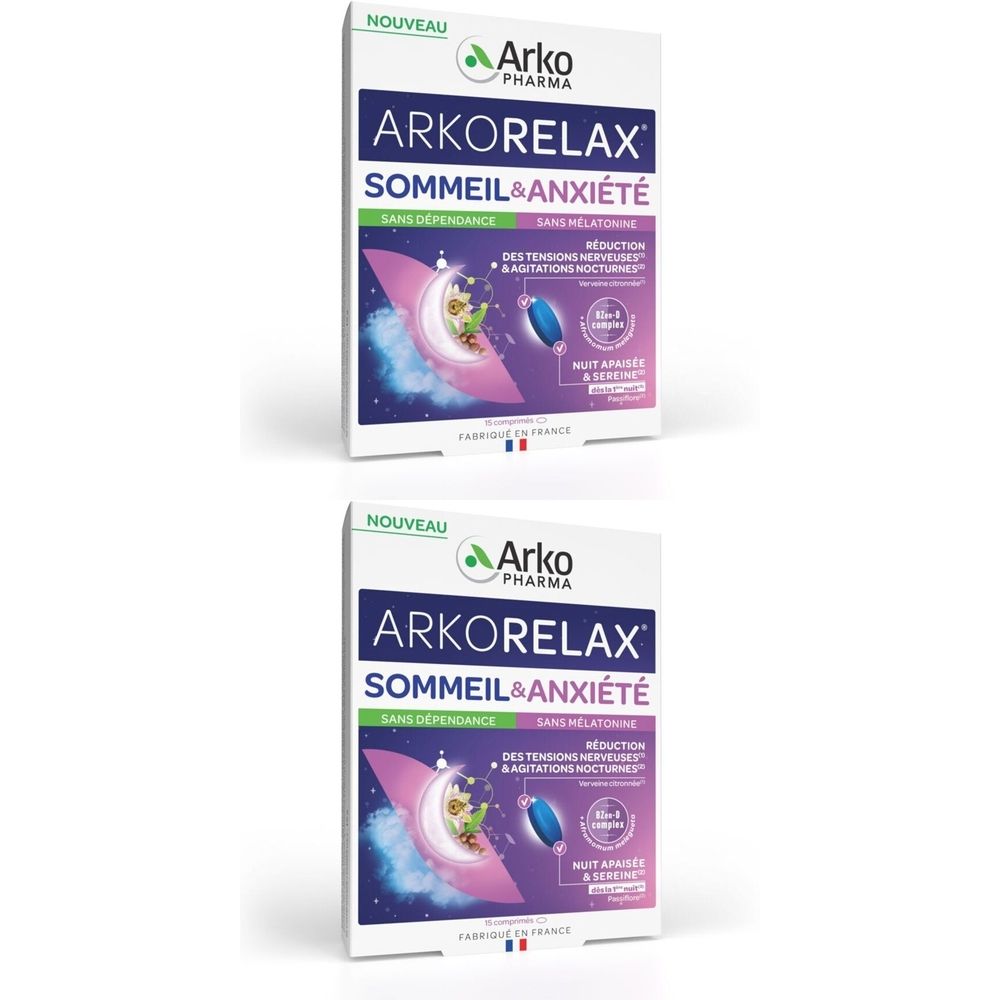 Zwei Schachteln mit dem Produkt ARKORELAX SOMMEIL&ANXIÉTÉ. Weiß, mit grünen und violetten Akzenten. Text: SOMMEIL&ANXIÉTÉ, SANS DEPENDANCE.