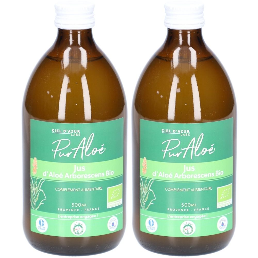 Deux bouteilles en verre brun avec bouchon blanc. Étiquette avec texte: PurAloé Jus d'Aloé Arborescens Bio. 500ml.