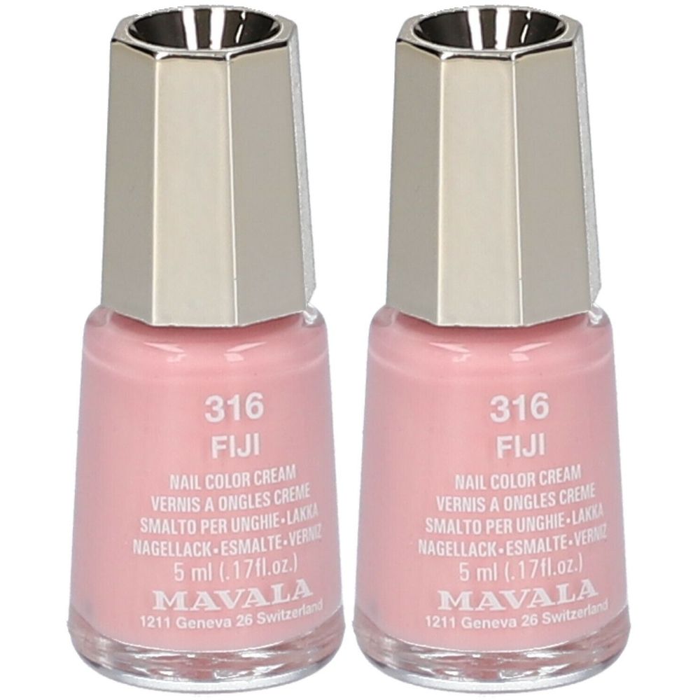 Zwei Flakons Nagellack, rosa. Aufschrift: 316 FIJI, MAVALA. Metallkappe. 5 ml.