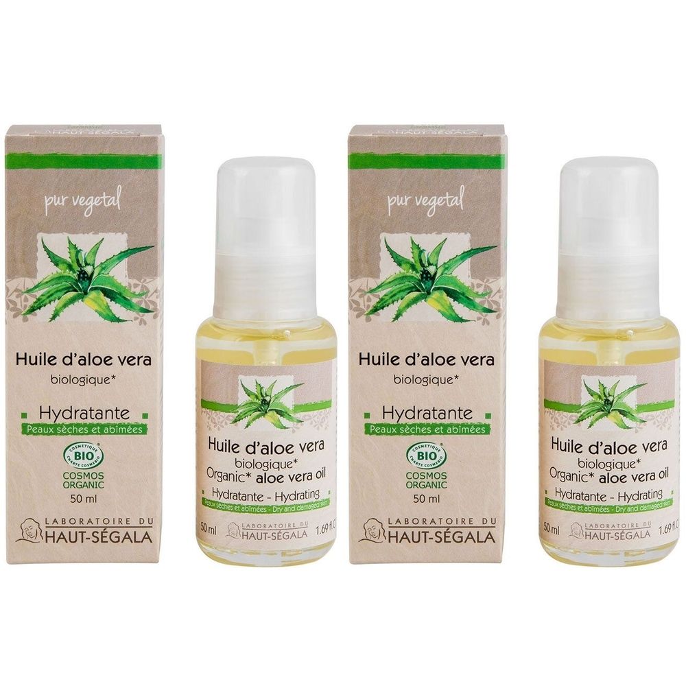 Zwei Flaschen Bio Aloe Vera Öl, biologisch, feuchtigkeitsspendend. Mit BIO COSMOS ORGANIC Siegel.