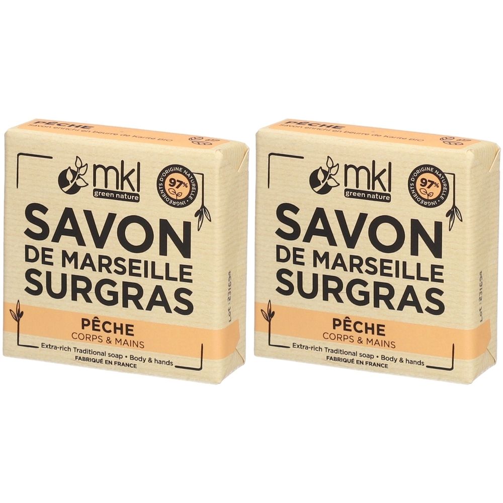 Deux paquets de savon MKL Savon de Marseille Surgras Pêche pour corps et mains.