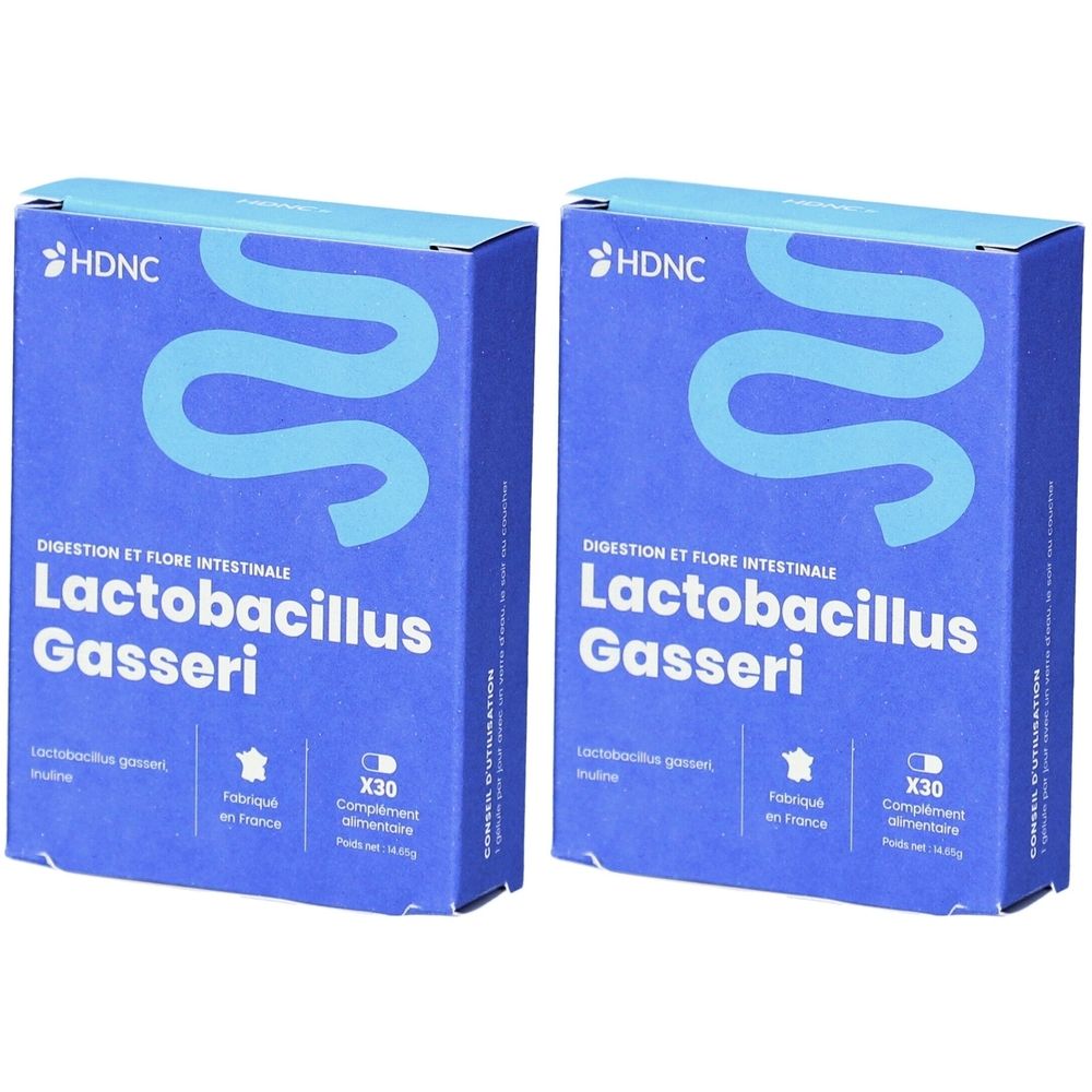 Deux boîtes bleues avec "HDNC Lactobacillus Gasseri". Chaque boîte indique "X30".