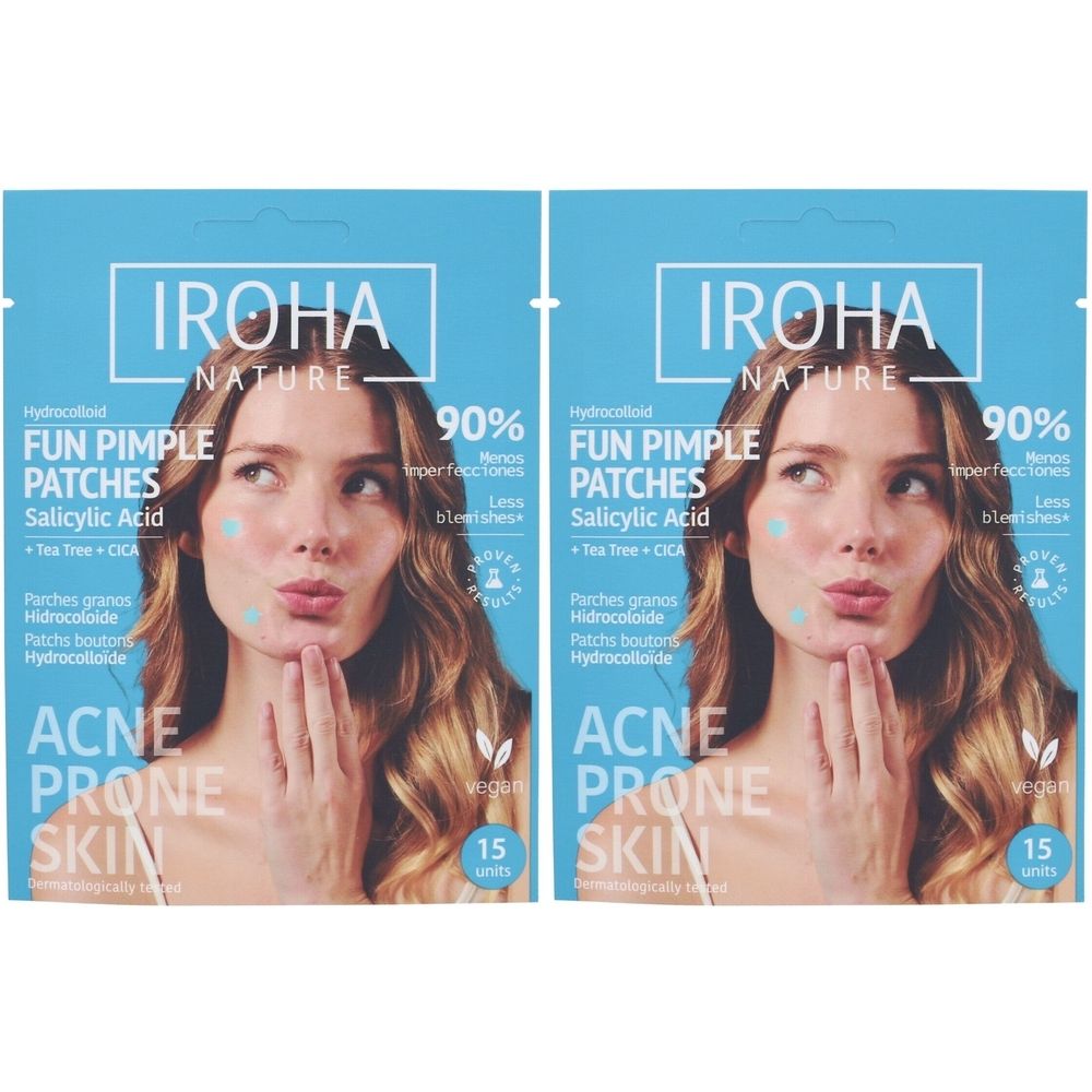 Deux paquets de patchs anti-boutons IROHA NATURE pour peaux à tendance acnéique, avec acide salicylique, huile d'arbre à thé et Cica. 15 unités par paquet.