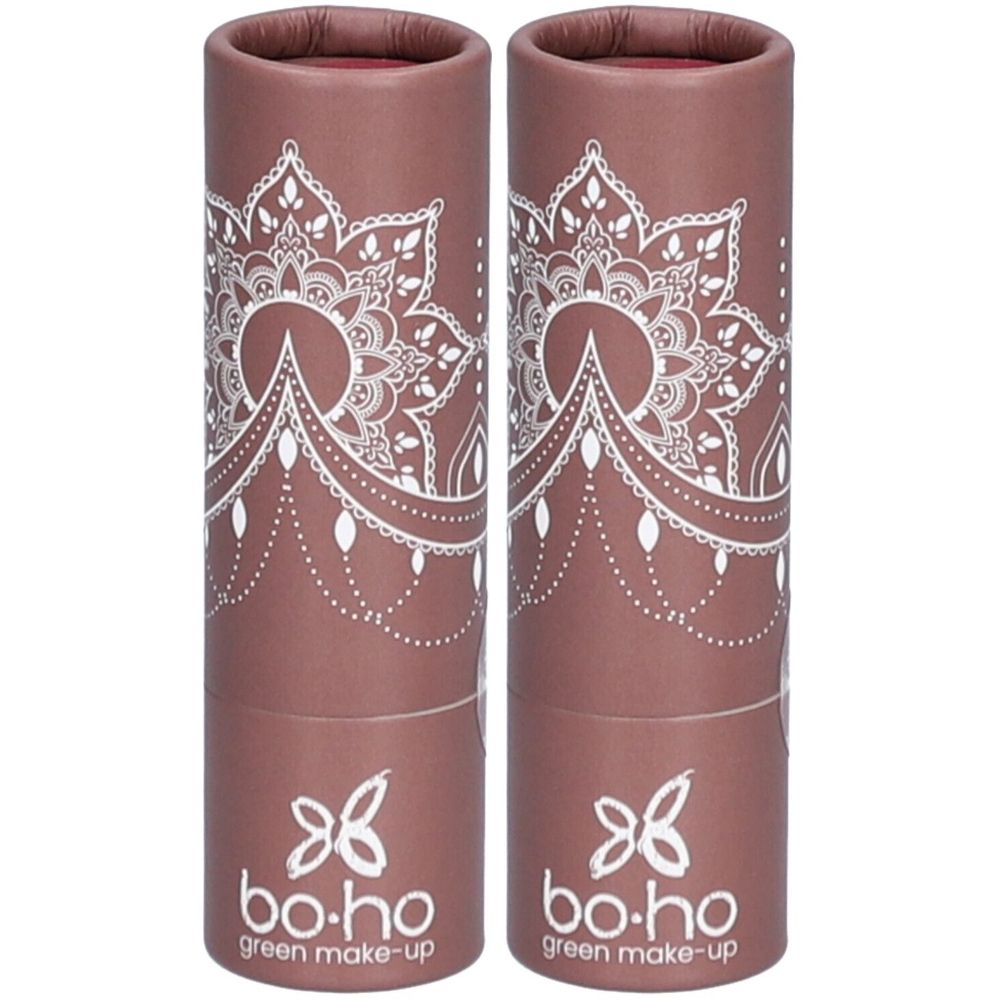 Zwei runde Behälter mit Mandala-Muster und Logo "bo-ho green make-up".