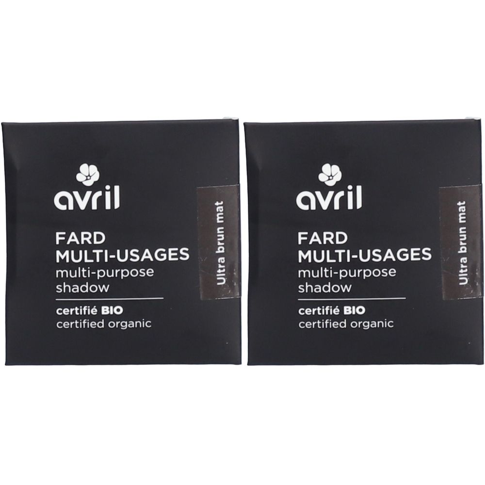 Zwei quadratische, schwarze Verpackungen. Auf jeder steht "avril Fard Multi-Usages", "Ultra brun mat" und "certifié BIO".