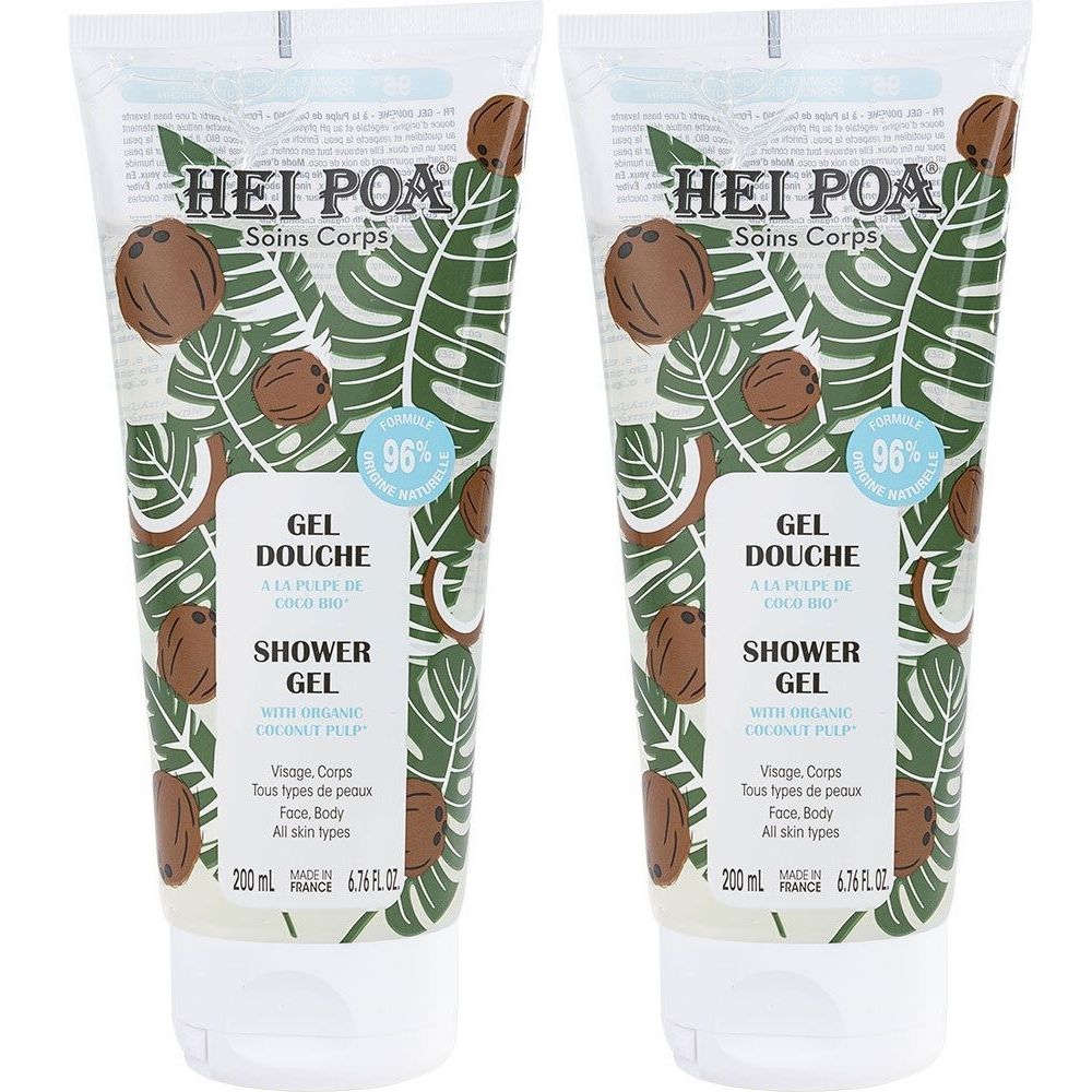 Zwei Tuben Duschgel mit Kokos-Design. Aufschrift: HEI POA, Gel Douche, Shower Gel. 96% natürliche Inhaltsstoffe. 200 ml.