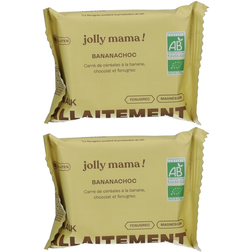 Zwei quadratische, beige verpackte Riegel. Aufdruck: jolly mama! BANANACHOC, AB-Bio-Siegel, Text in Französisch.