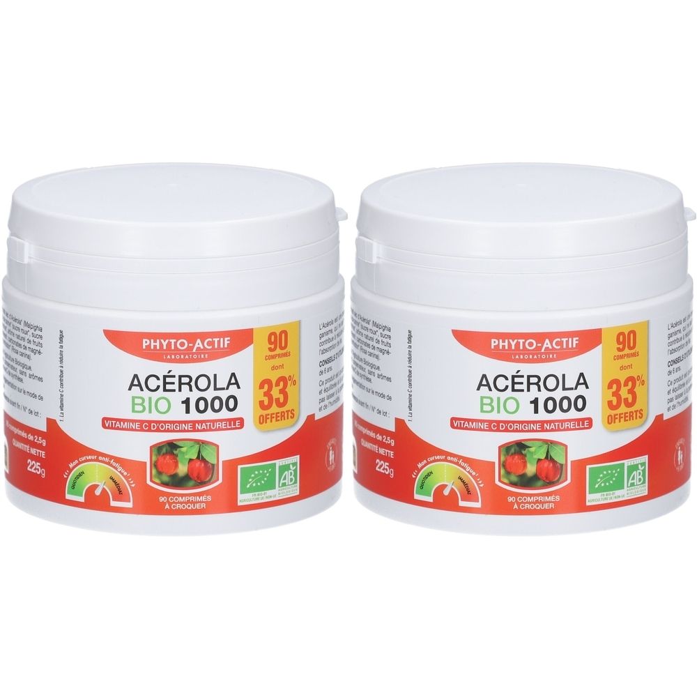 Zwei weiße Dosen mit rotem Etikett. Auf dem Etikett steht "PHYTO-ACTIF ACEROLA BIO 1000". Es gibt auch Text über Vitamin C und Bio-Zertifizierung.