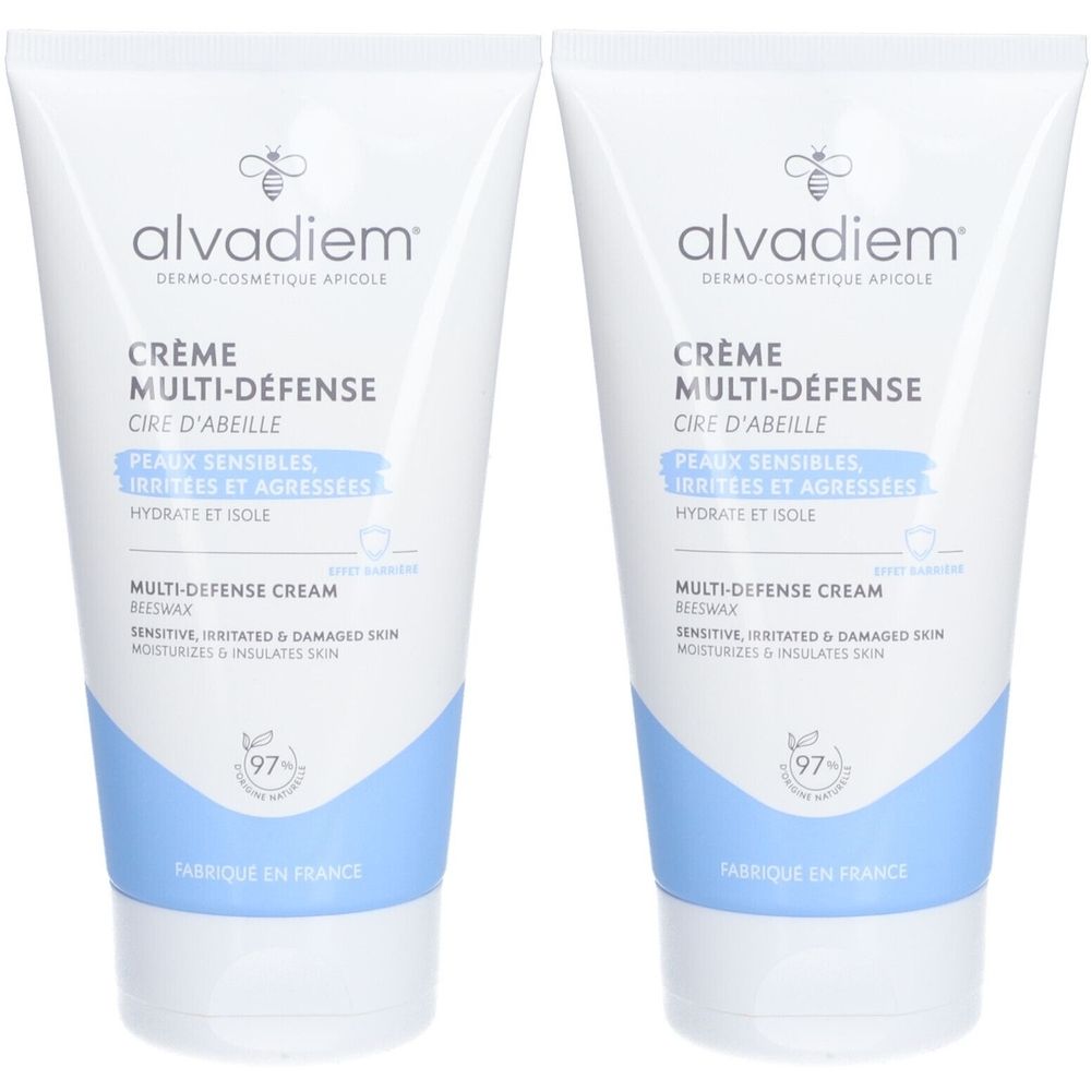 Zwei Tuben Creme. Aufschrift: Multi-Défense, Cire d'Abeille. Für empfindliche, gereizte Haut. Mit Bienenwachs. Hergestellt in Frankreich.