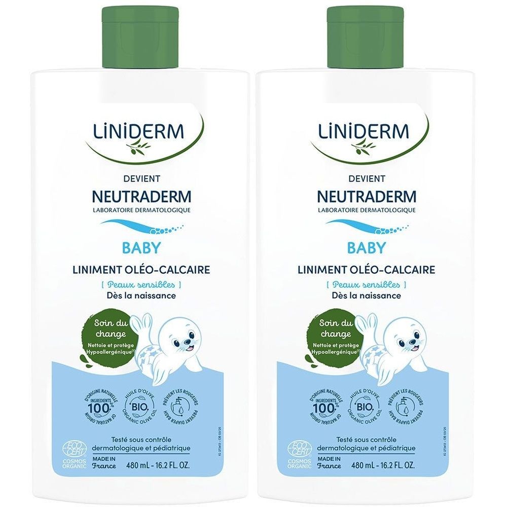 Zwei Flaschen Liniment. Aufschrift: Neutraderm Baby, Liniment Oléo-Calcaire. Mit Siegeln und Text.