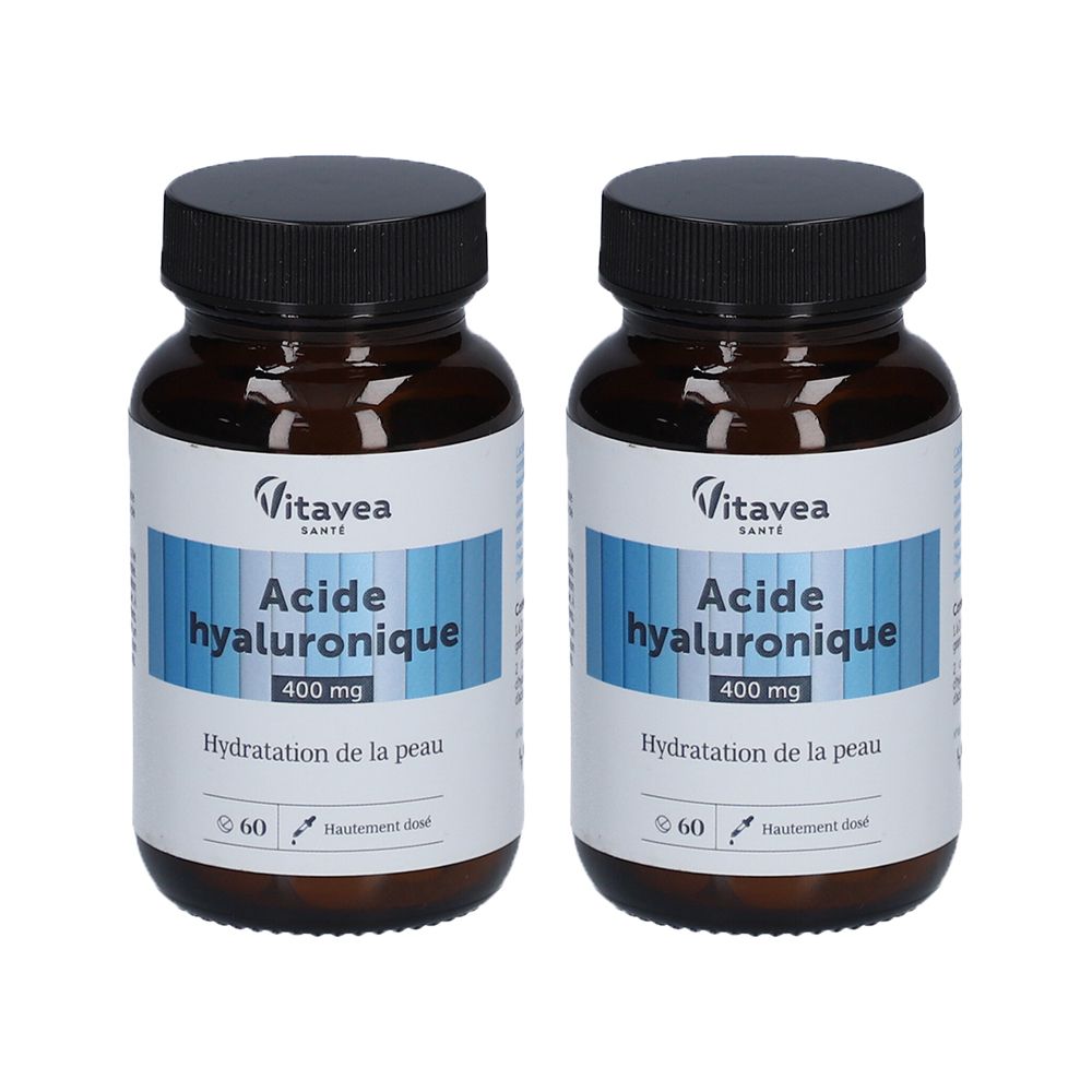 Zwei Flaschen Vitavea Santé Hyaluronsäure, 400 mg. Braune Glasflaschen mit schwarzen Kappen.