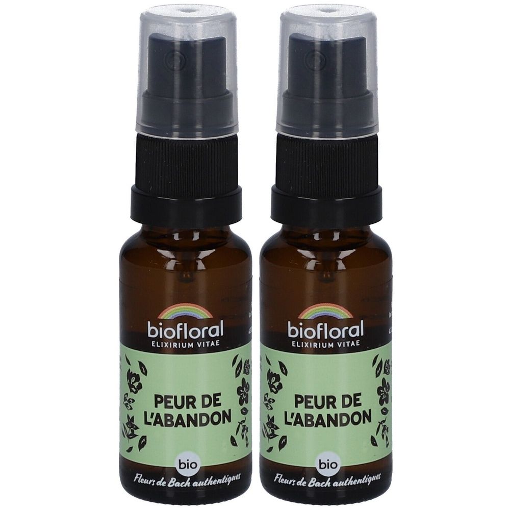 Zwei braune Glasflaschen mit Sprühkopf. Aufschrift: biofloral, PEUR DE L'ABANDON, bio. Transparente Kappe.