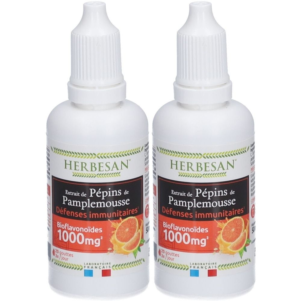 Zwei weiße Flaschen mit Tropfverschluss. Auf den Etiketten steht "HERBESAN", "Extrait de Pépins de Pamplemousse" und "1000mg".