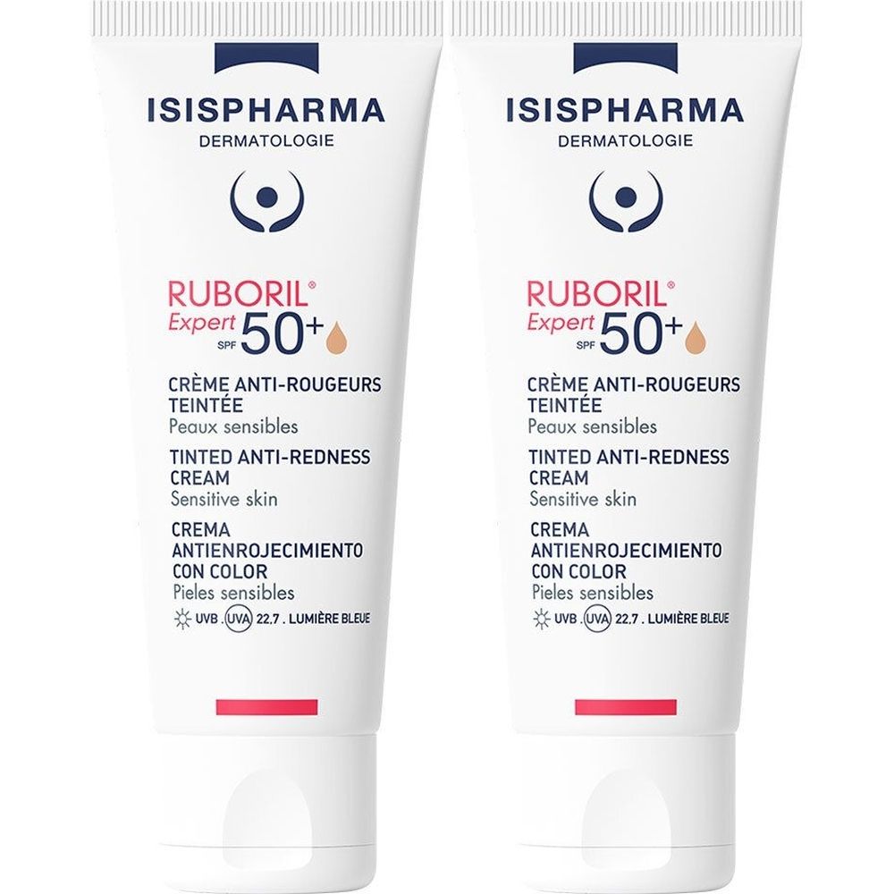 Zwei Tuben Creme. Aufschrift: ISISPHARMA, Ruboril Expert 50+, Creme Anti-Rougeurs Teintée, für empfindliche Haut.