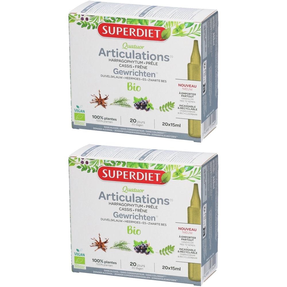 Zwei Kartons mit Produktetikett. Aufschrift: SUPERDIET, Articulations, Bio. Enthält 20 Ampullen. Vegan-Siegel.