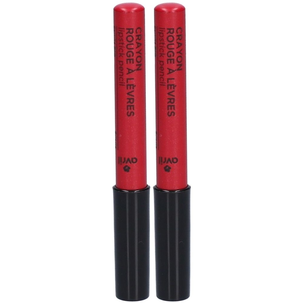 Zwei rote Lippenstifte mit schwarzem Schaft. Aufschrift: Crayon Rouge à Lèvres, lipstick pencil. Marke Avril.